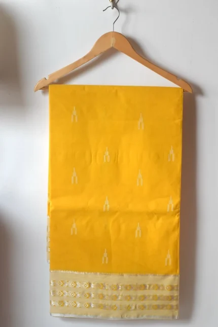 Main drape: "Lime yellow Dhaniakhali cotton saree – classic Bengal handwoven with crisp texture and elegant stripes